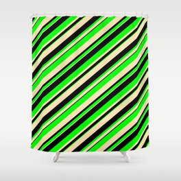 [ Thumbnail: Beige, Black & Lime Colored Lined/Striped Pattern Shower Curtain ]