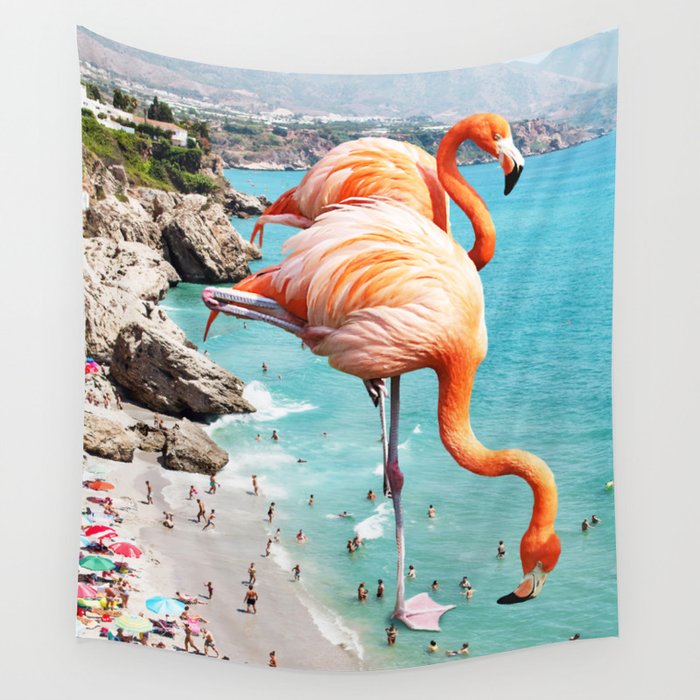 Flamingos on the Beach, Wildlife Surrealism Birds, Nature Flamingo Fantasy Beach Summer Photography Wall Tapestry