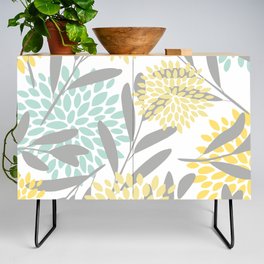 Floral Prints, Leaves and Blooms, Gray, Yellow and Aqua Credenza