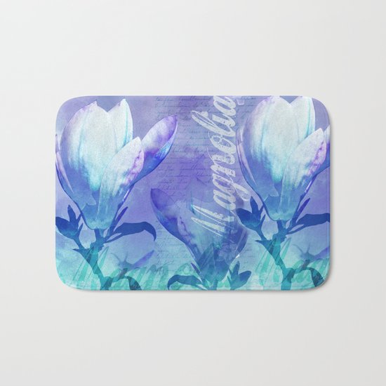 Blue Purple Magnolia mixed media typography illustration Bath Mat