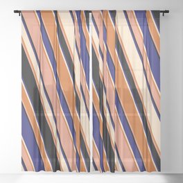 [ Thumbnail: Eyecatching Bisque, Chocolate, Dark Salmon, Black & Midnight Blue Colored Stripes/Lines Pattern Sheer Curtain ]