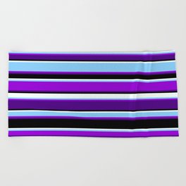 [ Thumbnail: Vibrant Light Sky Blue, Dark Violet, Indigo, Black, and Mint Cream Colored Striped Pattern Beach Towel ]