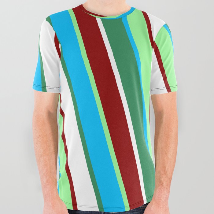 Vibrant Green, Deep Sky Blue, Sea Green, White & Dark Red Colored Lines Pattern All Over Graphic Tee