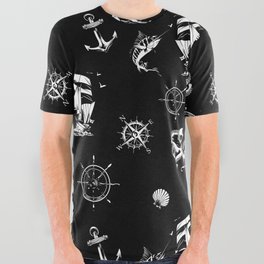 Black And White Silhouettes Of Vintage Nautical Pattern All Over Graphic Tee