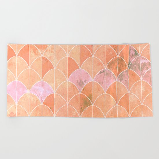 Mermaid scales. Peach and pink watercolors. Beach Towel