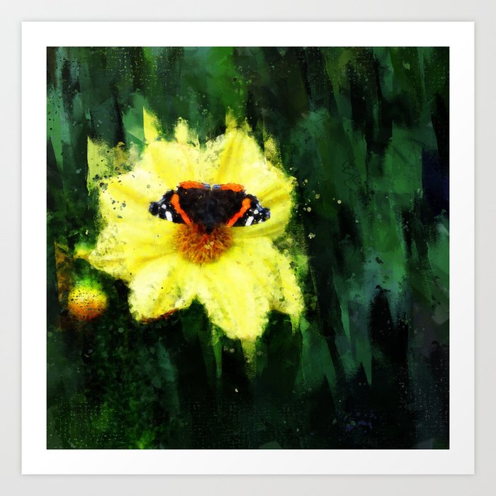 Red Admiral Butterfly on Yellow Dahlia Art Print