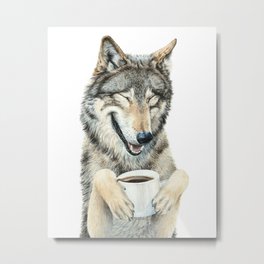Coffee in the Moonlight Metal Print | Drink, Wolves, Animal, Funny, Coyote, Hollysimental, Dog, Happy, Painting, Grey 