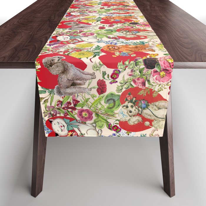 Poodles and Cats Celebrate Valentine's Day - Cute pets & flowers vintage illustrations collage   Table Runner