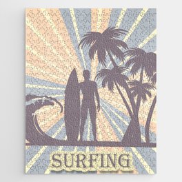 Colorful Retro Vintage Surfing Palms Wave Board Boy Jigsaw Puzzle