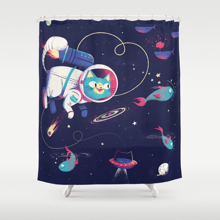 The Adventures of Space Cat Shower Curtain