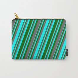 [ Thumbnail: Aqua, Dark Green & Dim Grey Colored Lines/Stripes Pattern Carry-All Pouch ]