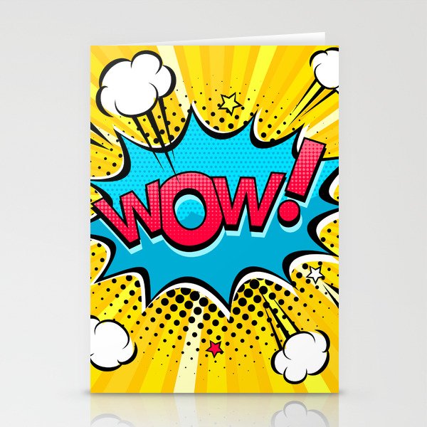 Comic speech bubble with expression text Wow!, stars and clouds. bright dynamic cartoon illustration in retro pop art style on halftone background Stationery Cards
