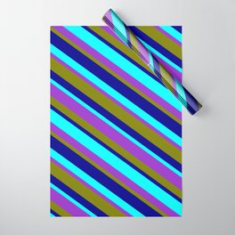 [ Thumbnail: Aqua, Dark Orchid, Green, and Dark Blue Colored Stripes/Lines Pattern Wrapping Paper ]