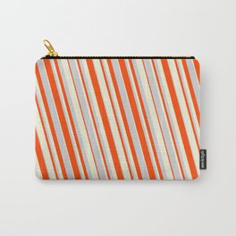 [ Thumbnail: Light Grey, Red, and Beige Colored Striped Pattern Carry-All Pouch ]