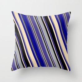 [ Thumbnail: Dark Gray, Dark Slate Blue, Dark Blue, Tan, and Black Colored Striped Pattern Throw Pillow ]