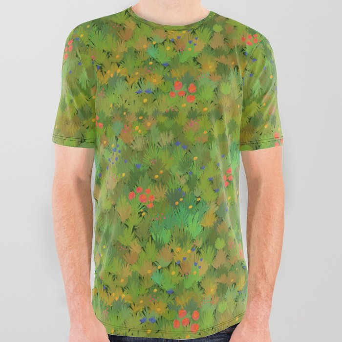 Modern village Green Grass Flowers Botanical Pattern All Over Graphic Tee