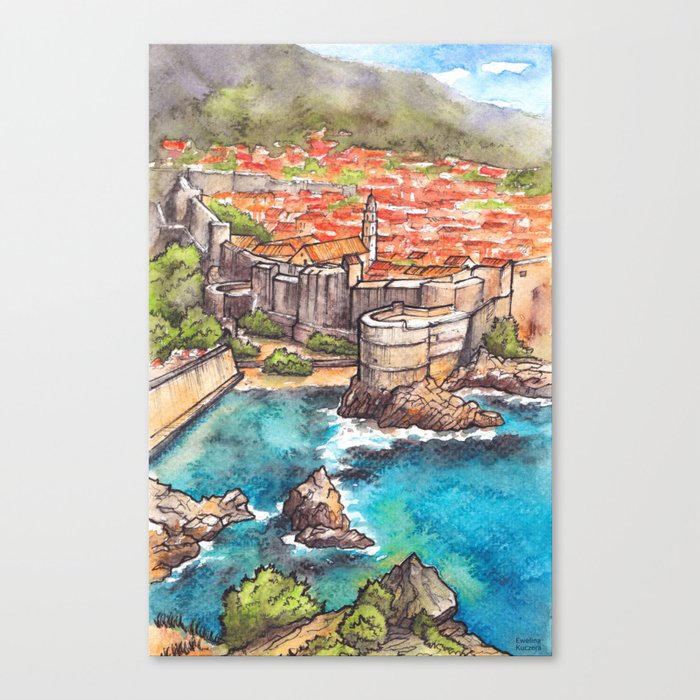 Dubrovnik Croatia ink & watercolor illustration Canvas Print