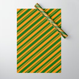 [ Thumbnail: Dark Orange and Dark Green Colored Striped/Lined Pattern Wrapping Paper ]