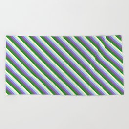 [ Thumbnail: Colorful Light Blue, Purple, Dim Grey, Forest Green, and Light Yellow Colored Lined Pattern Beach Towel ]