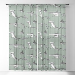 Hammerhead Shark pattern on loden green Sheer Curtain