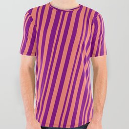 [ Thumbnail: Salmon and Purple Colored Stripes Pattern All Over Graphic Tee ]