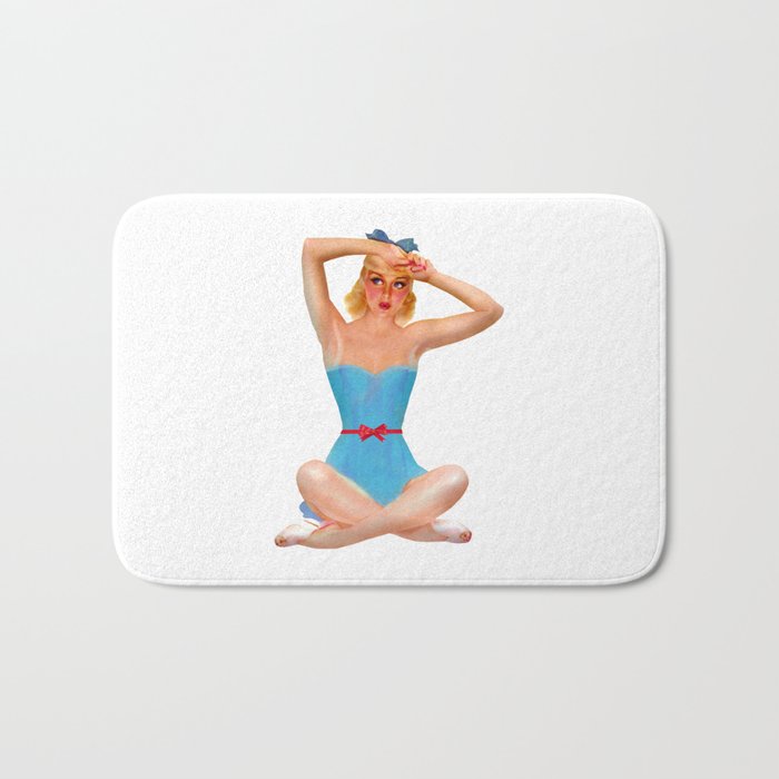 Sexy Blonde Tan Pin Up With Blue Eyes Vintage Light Blue Dress Legs Crossed Bath Mat