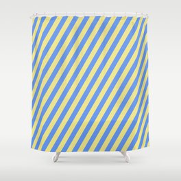 [ Thumbnail: Tan and Cornflower Blue Colored Stripes/Lines Pattern Shower Curtain ]