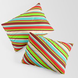 [ Thumbnail: Colorful Turquoise, Red, Chartreuse, Dark Red & Bisque Colored Striped/Lined Pattern Pillow Sham ]