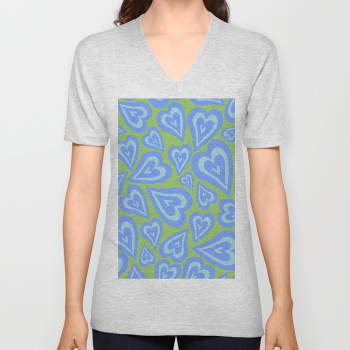Retro Swirl Love - Green blue V Neck T Shirt