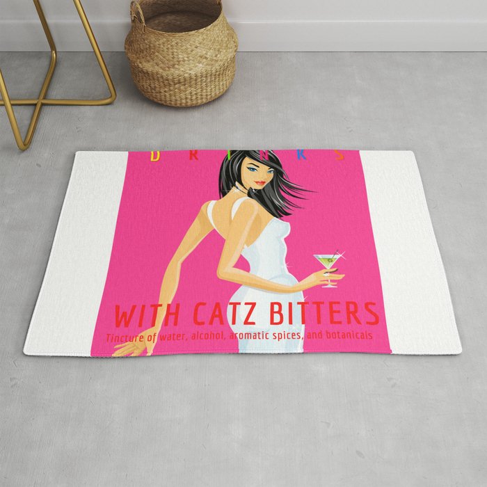 Square version of the Italian Apéritif Mix Your Drinks with Catz (Cats) Vermouth Bitters pink background & colored text vintage alcoholic beverage advertising poster / posters Rug