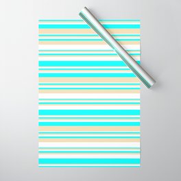 [ Thumbnail: White, Aqua & Tan Colored Striped/Lined Pattern Wrapping Paper ]