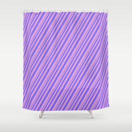 [ Thumbnail: Medium Slate Blue and Plum Colored Lined Pattern Shower Curtain ]