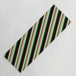 [ Thumbnail: Dark Salmon, Light Cyan, Forest Green & Black Colored Striped Pattern Yoga Mat ]