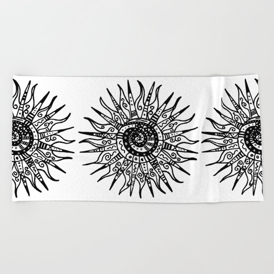Sun Doodle black and white drawing Beach Towel