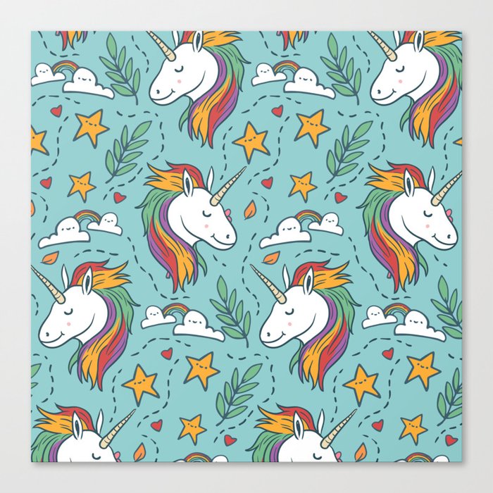 Magical Unicorn Pattern On Turquoise Background Canvas Print By