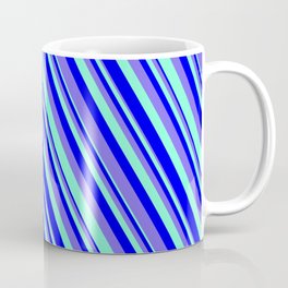 [ Thumbnail: Blue, Medium Slate Blue & Aquamarine Colored Pattern of Stripes Coffee Mug ]