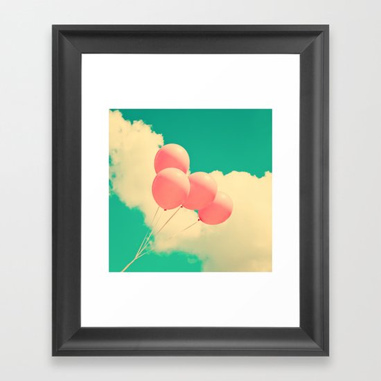 Happy Pink Balloons on retro blue sky Framed Art Print