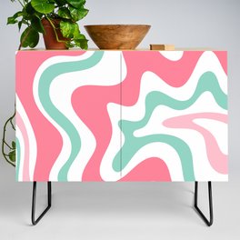 Retro Liquid Swirl Abstract Pattern in 80s Pink Teal White Credenza