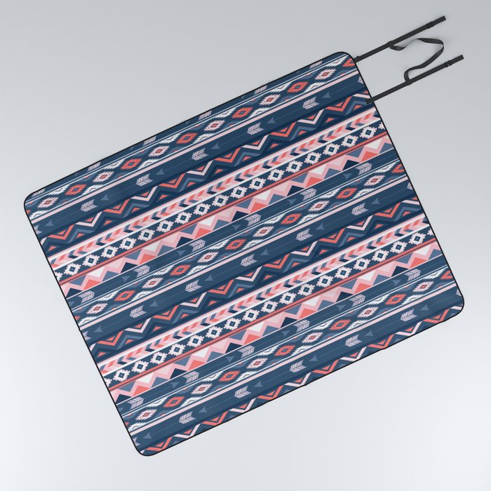 Coral and Navy Boho Ethnic Pattern Picnic Blanket