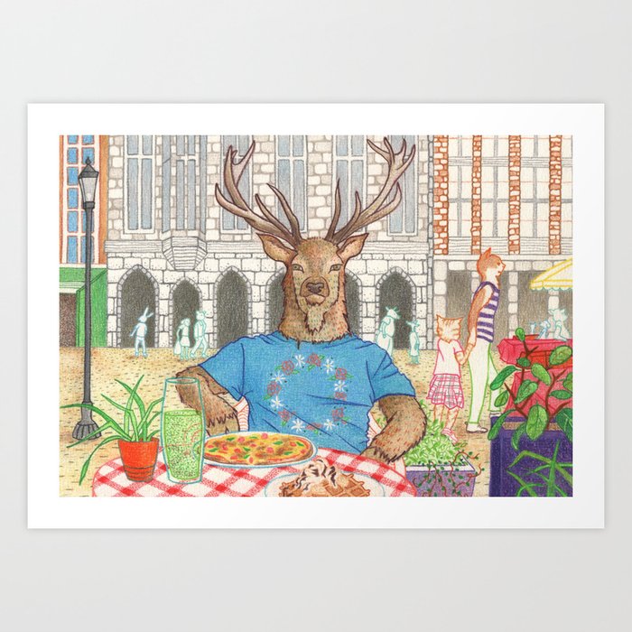Everyday Animals - Mr Stag eats his lunch Art Print