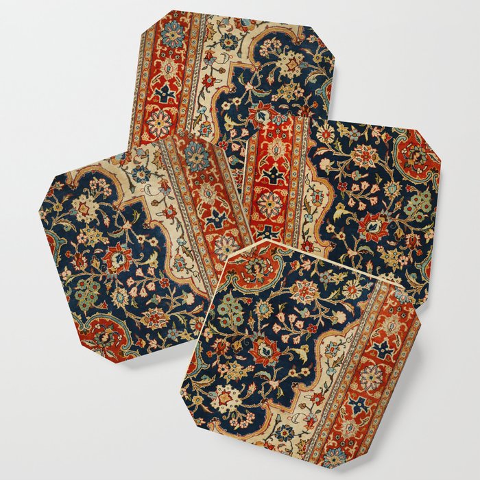 Central Persia 19th Century Authentic Colorful Dark Blue Red Tan Vintage Patterns Coaster