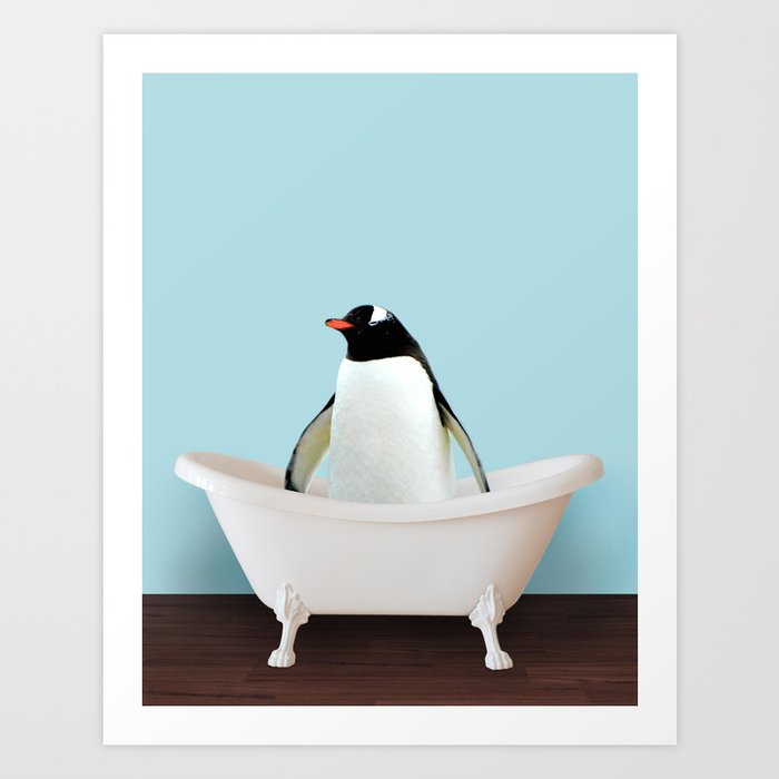 Playing penguin in bathtub Art Print