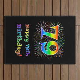 [ Thumbnail: 79th Birthday - Fun Rainbow Spectrum Gradient Pattern Text, Bursting Fireworks Inspired Background Outdoor Rug ]