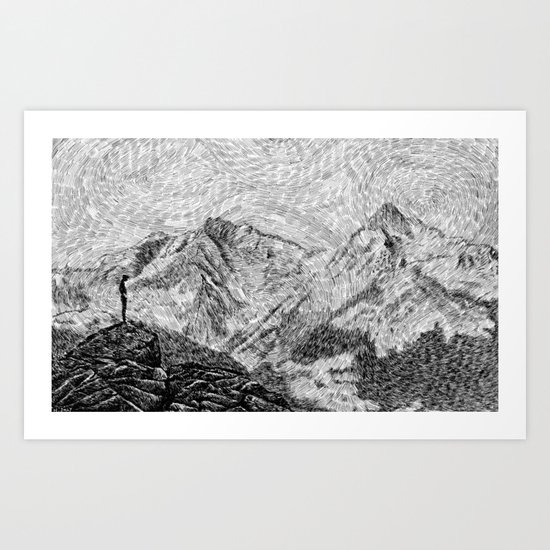 Child on the rock - Black ink Art Print
