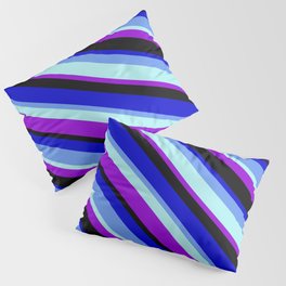 [ Thumbnail: Colorful Blue, Cornflower Blue, Turquoise, Dark Violet, and Black Colored Pattern of Stripes Pillow Sham ]