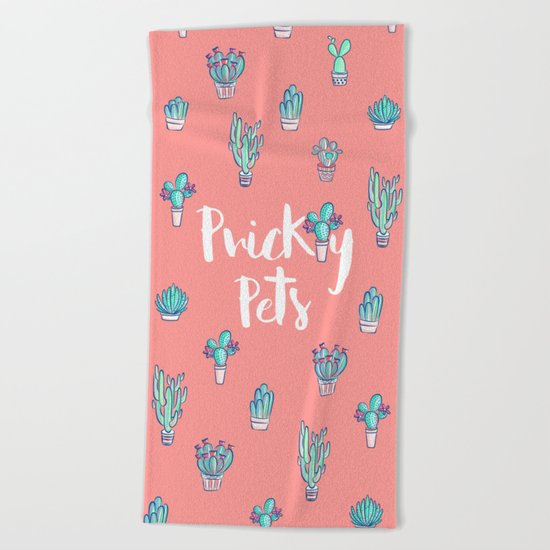 Prickly Pets on coral - Cactus pattern Beach Towel