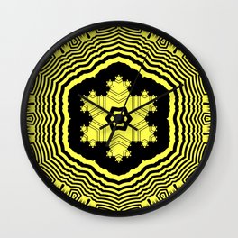 Abstract geometric aboriginal black yellow flower design pattern of converging lines and a star Wall Clock