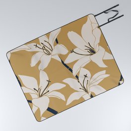 Amaryllis Floral Line Drawing, Beige and Navy on Yellow Ochre Picnic Blanket