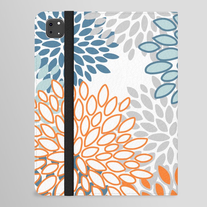 Orange Grey and Teal Blue Modern Floral iPad Folio Case