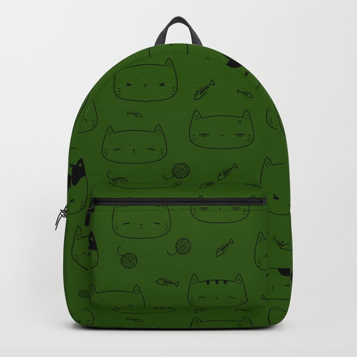 Green and Black Doodle Kitten Faces Pattern Backpack